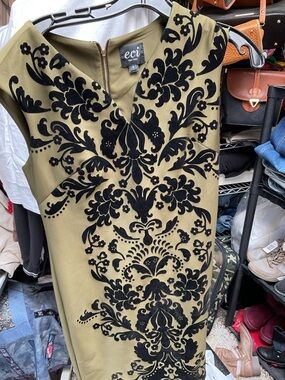 ECI Olive Green Dress with Black Damask Velvet Detail
